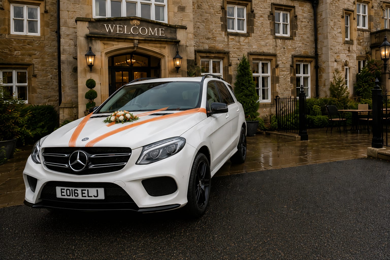 The car waiting outside a wedding venue entrance